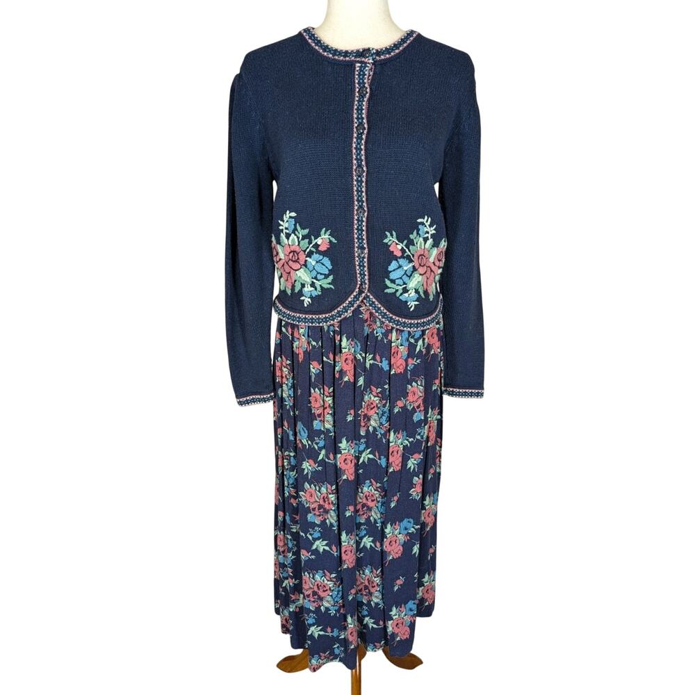 Vintage Ninon de Lenclos Floral Embroidered Cardigan Sweater Skirt Set Sz Small